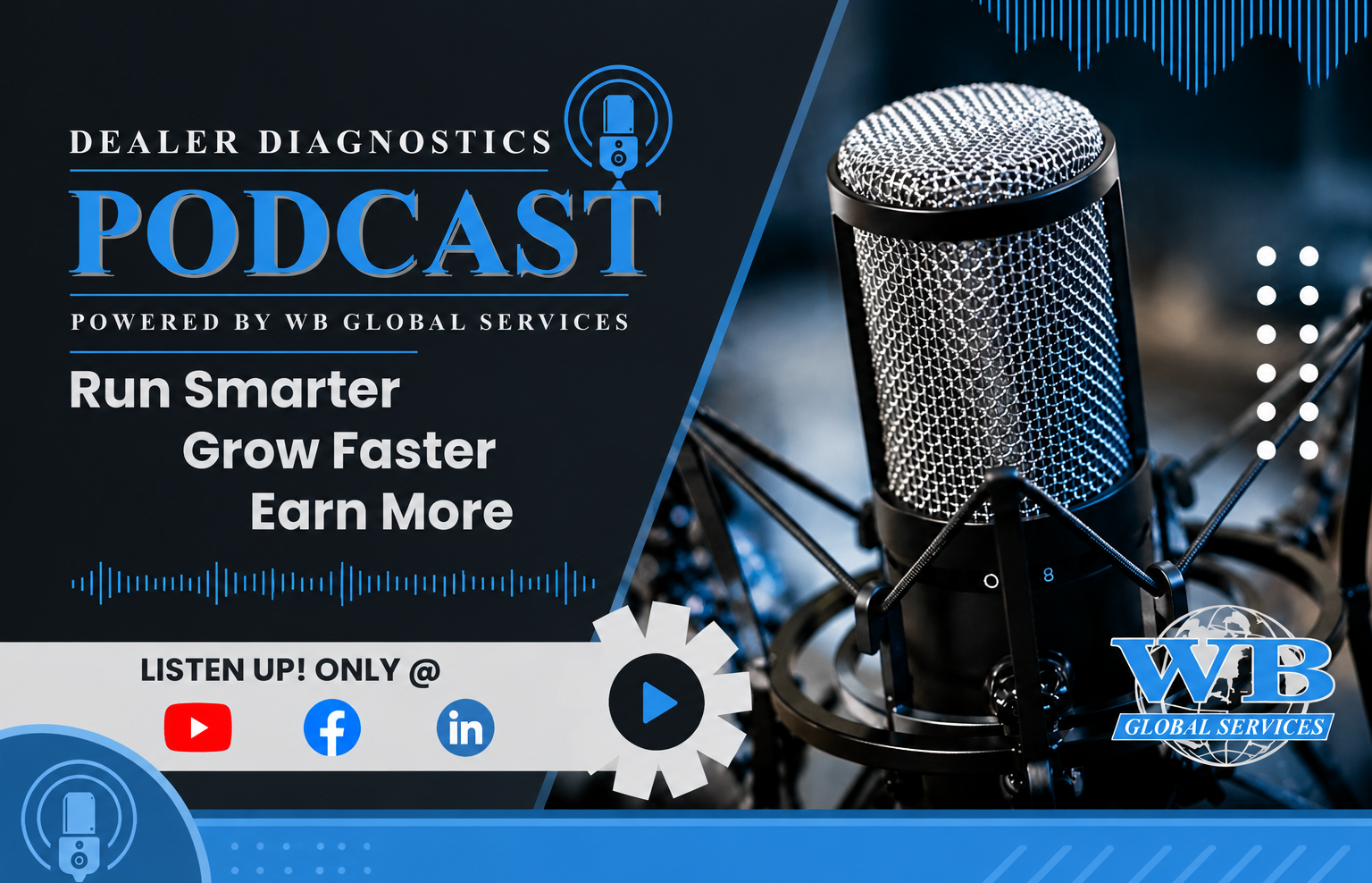 Dealer Diagnostics Podcast by WB Global Services featuring industry conversations, dealership strategies, and leadership insights designed to help dealers run smarter, grow faster, and earn more. The branded blue and black graphic features a professional studio microphone, podcast elements, and WB Global Services branding.