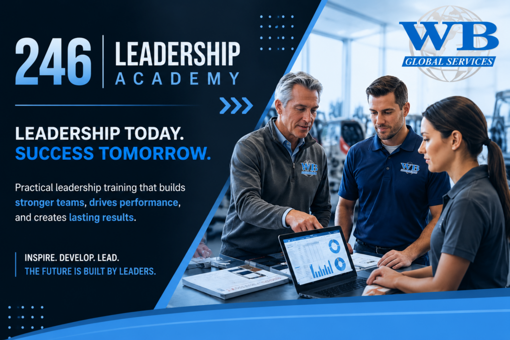 246 Leadership Academy by WB Global Services provides practical leadership training focused on building stronger teams, improving performance, and creating lasting results. The branded blue and black graphic features leadership messaging, a team collaboration image, and WB Global Services branding representing leadership development and professional growth.