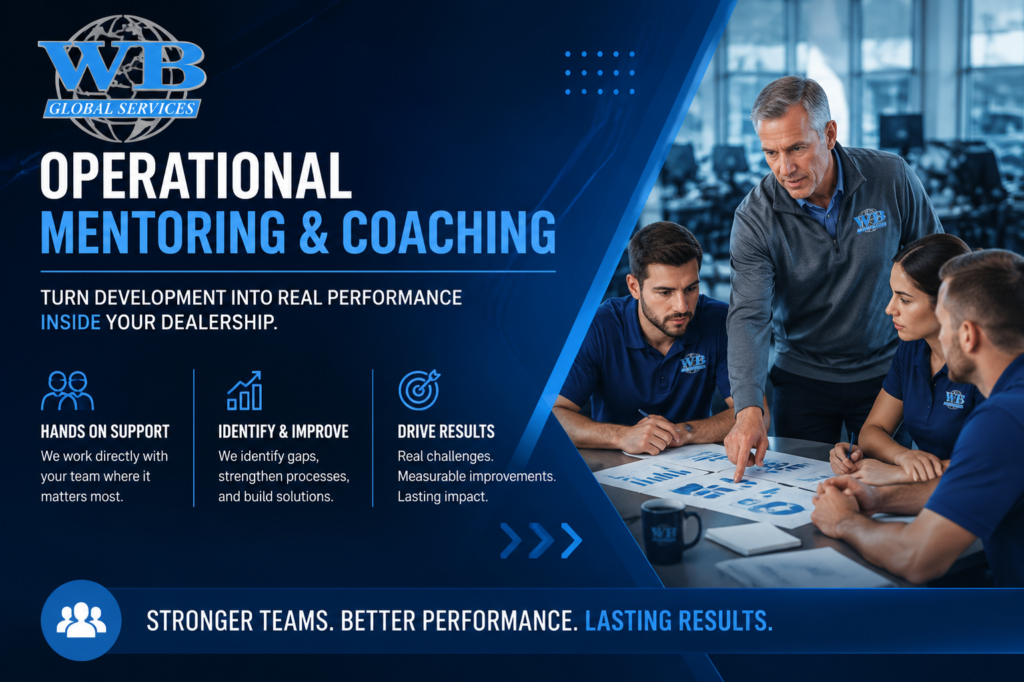 Operational Mentoring and Coaching by WB Global Services helps dealership teams improve performance through hands-on support, process improvement, and leadership development. The branded blue graphic features a WB Global Services mentor coaching a team, representing stronger teams, better performance, and lasting results.
