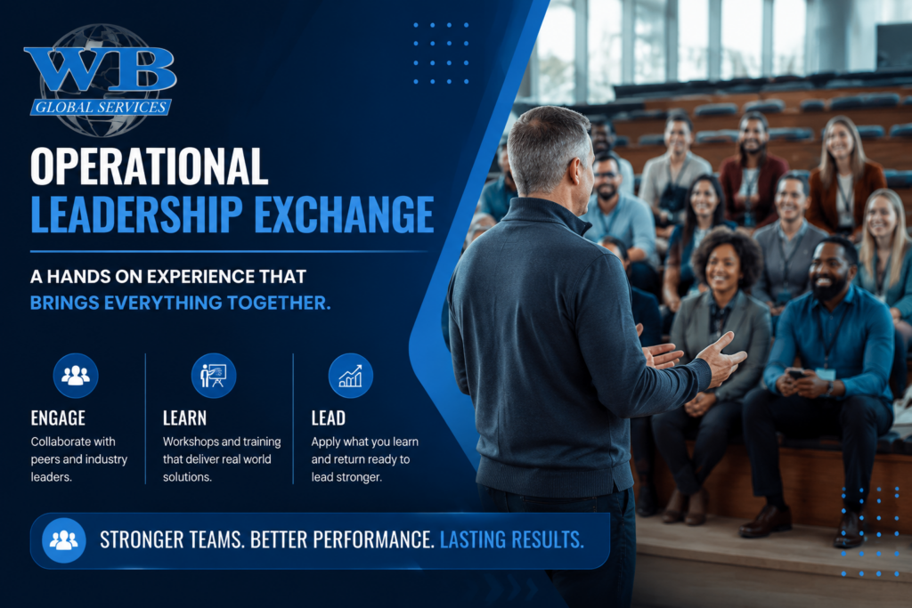 Operational Leadership Exchange by WB Global Services is an in-person leadership development experience designed to connect industry professionals through workshops, training, and real-world application. The branded blue graphic features a leader presenting to a group, representing collaboration, learning, stronger teams, and improved dealership performance.