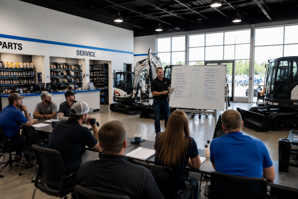 A leadership training session taking place inside a construction equipment dealership showroom, where a trainer teaches a team using a whiteboard while surrounded by parts, service areas, and equipment displays. The hands-on learning environment represents practical leadership development, team improvement, and real-world dealership performance growth.